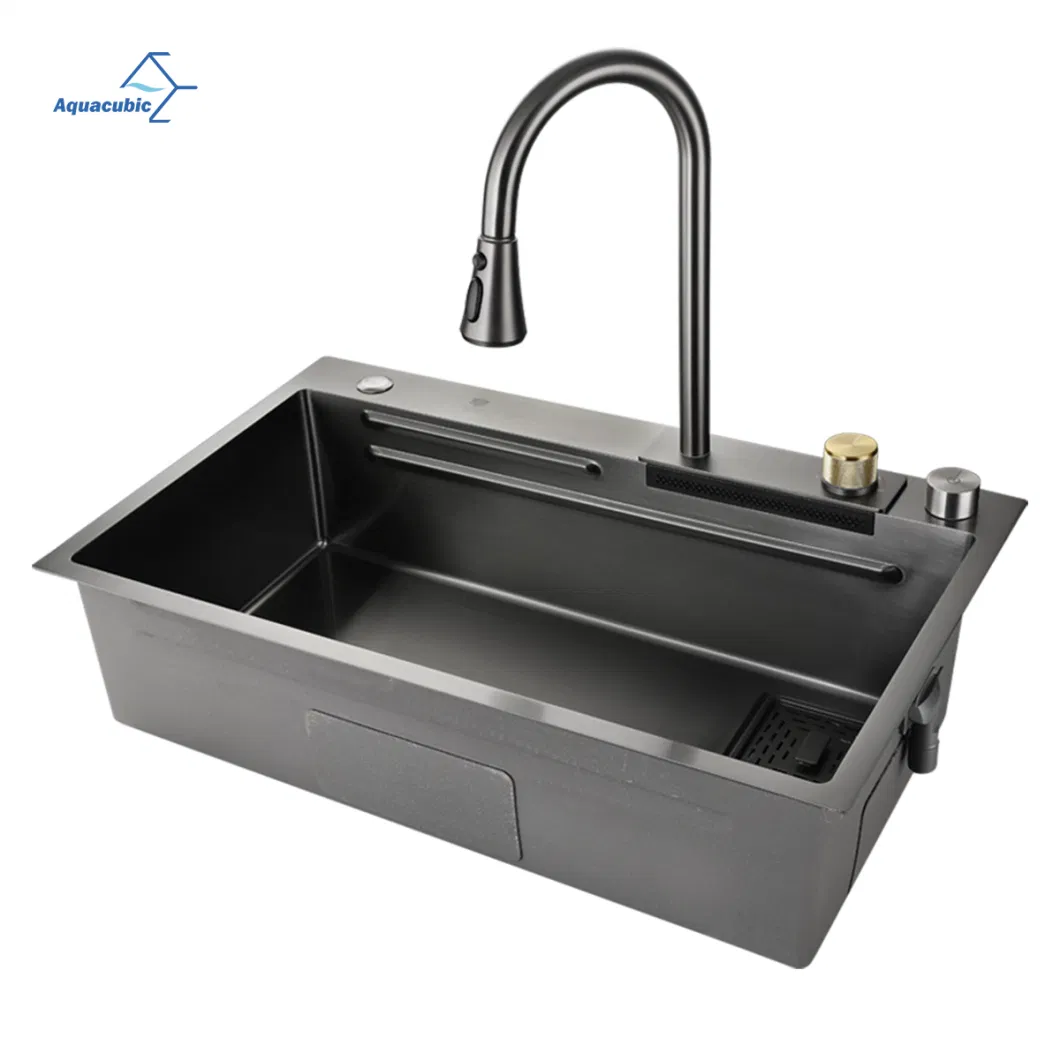 New Black Nanometer Handmade Raindance Sink Anti-Scratch Vegetable Kitchen Sink Above Mounted Waterfall Faucet